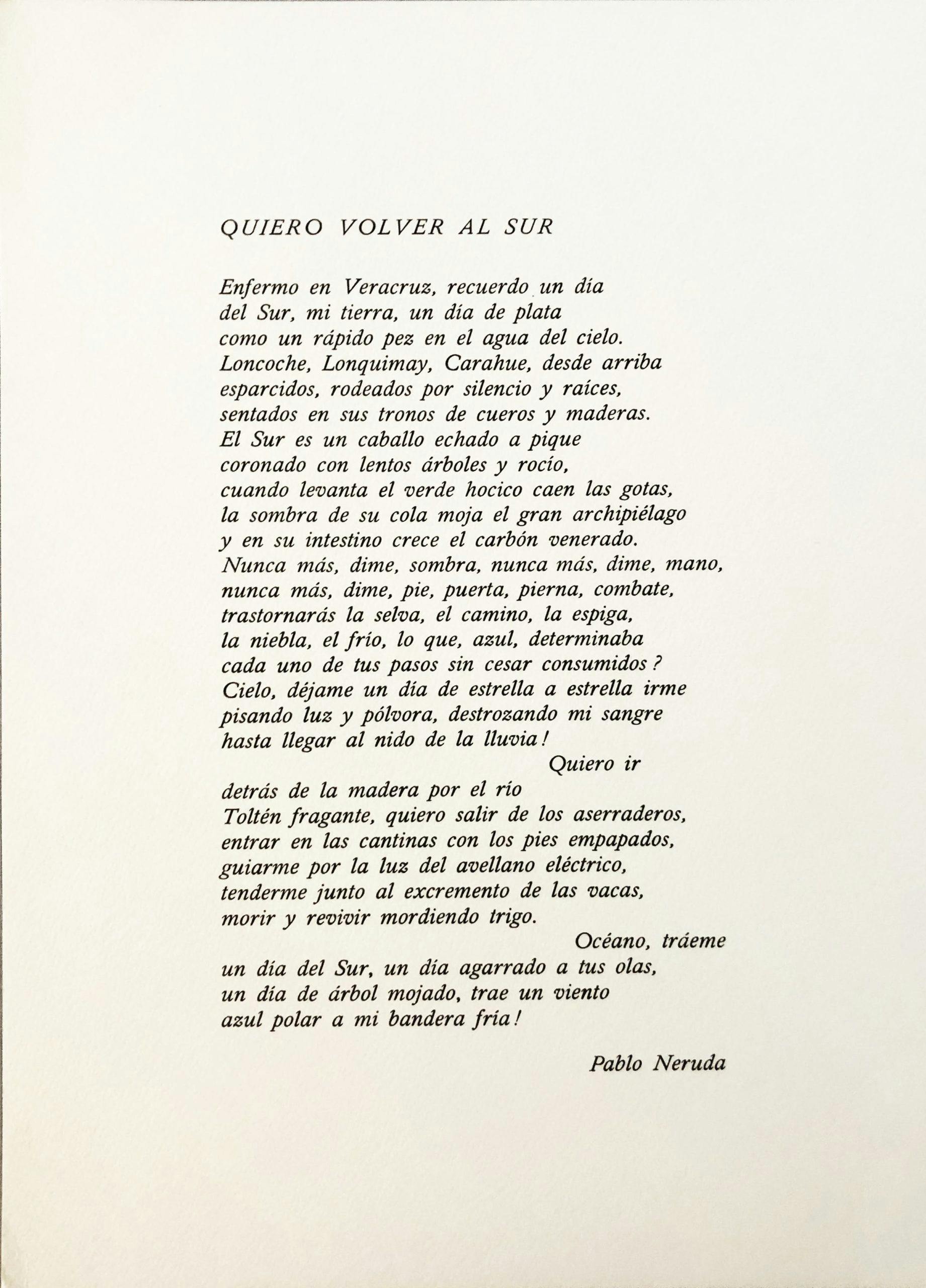 Volver al sur Neruda Poem, José Venturelli